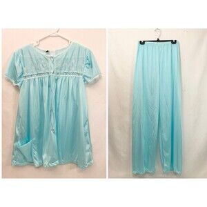 Merville Nylon Pajama Top Pants 40 XL Blue Lace Floral Chiffon Vintage Outfit